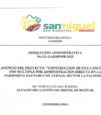ANUNCIO DEL PROYECTO CONSTRUCCION DE UNA CANCHA DE USO MULTIPLE POR ADMINISTRACION DIRECTA EN LA PARROQUIA SAN PABLO DE ATENAS SECTOR LA PALMERA